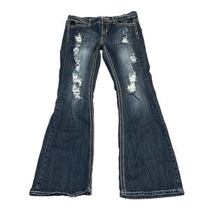 PREMIERE Dark Denim Distressed Embroidered Flare Jeans Women’s (Sz 13/14)